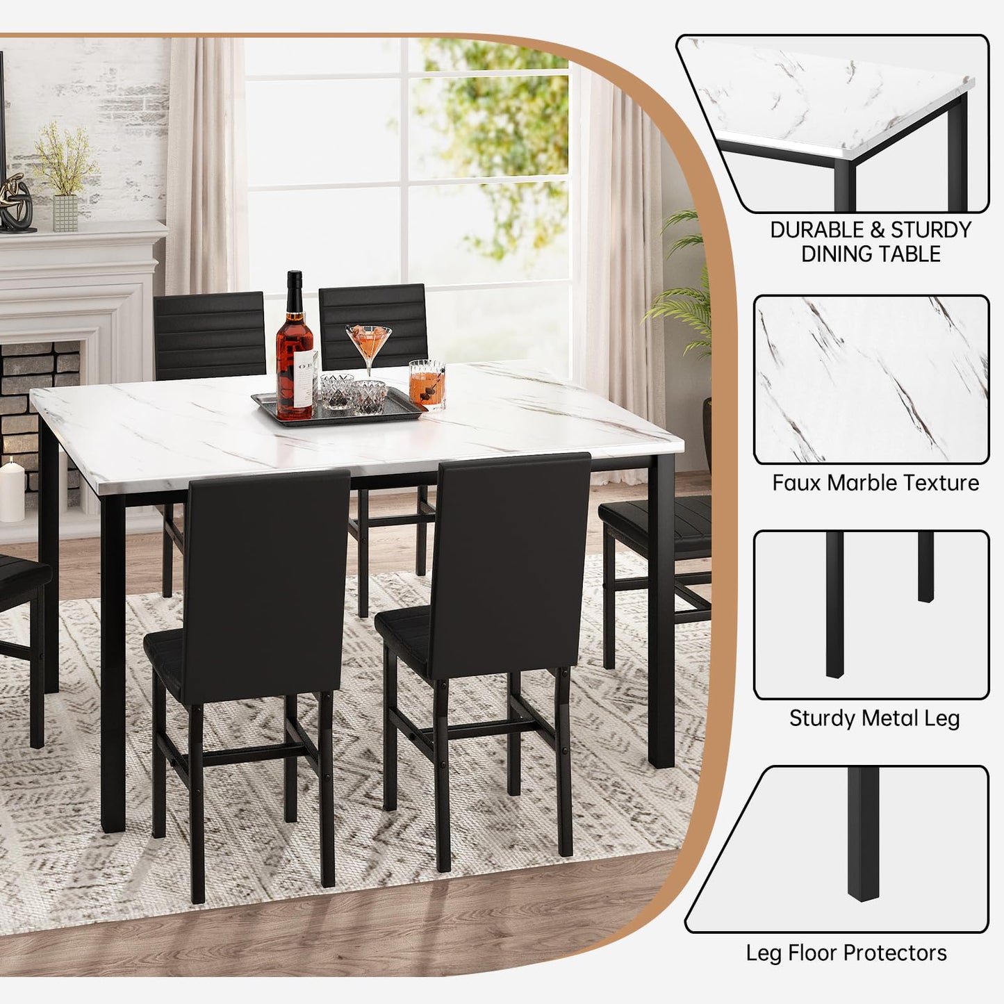 Recaceik Dinner Table Set for 6,Faux Marble Dining Room Table Set,7 Piece Dining Table Set for 6 with PU Leather for Kitchen and Dining (White & Black)
