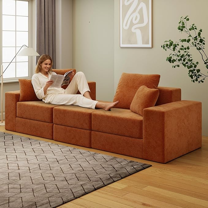 Cloud Modular Sectional Sofa, Comfy Boneless Couch for Living Room, Modern L-Shaped Couch with Reversible Chaise, Customizable Sleeper Sofa with Non Slip, No Assembly & Deep Seat, Orange