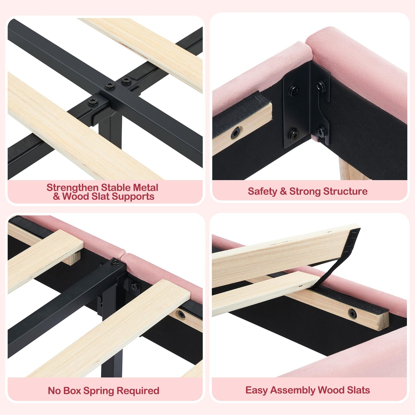GarveeHome Twin Bed Frame with Storage Headboard, Velvet Upholstered Platform Bedframe for Kids, Girl Bed, Strong Wooden Slats, Noise-Free, Easy Assembly, No Box Spring Needed, Light Pink