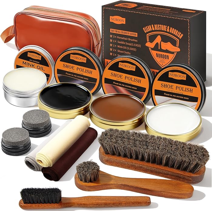 13Pcs Shoe Care Kit for Men & Women,3 Horsehair Shoe Polish Brush,Black Brown Neutral Mink Oil for Shoes,Care for Leather ...