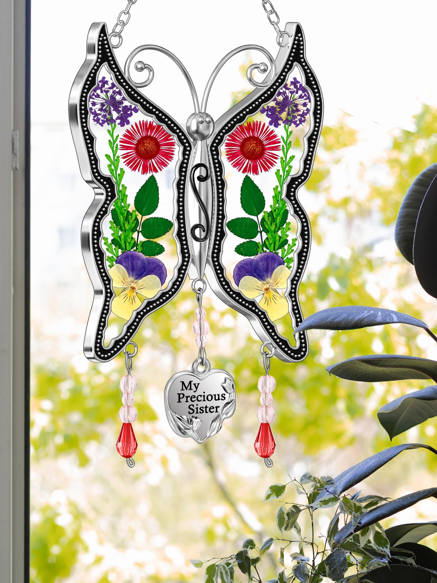 KY&BOSAM Gifts for Sister Suncatcher Butterfly My Precious Sister Stained Glass Catchers for Window Hanging Wind Chime Real Flower Wings and Heart Charm Gift for Sister Mother`s Day Birthday Christmas