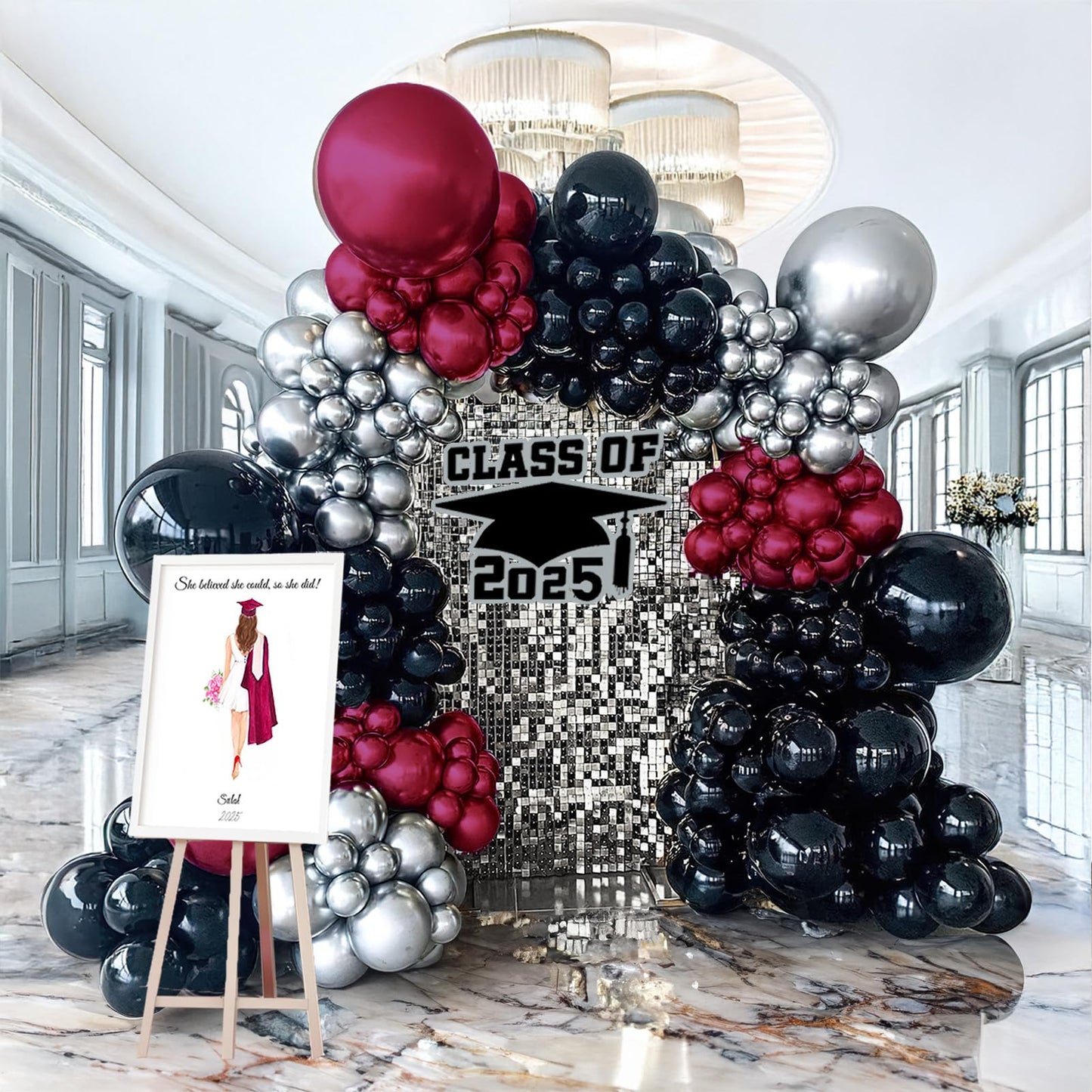 yeewaka Burgundy and black silver balloon garland arch kit 160pcs Maroon black balloons for graduation class of 2025 Prom Wedding Birthday baby shower party decorations