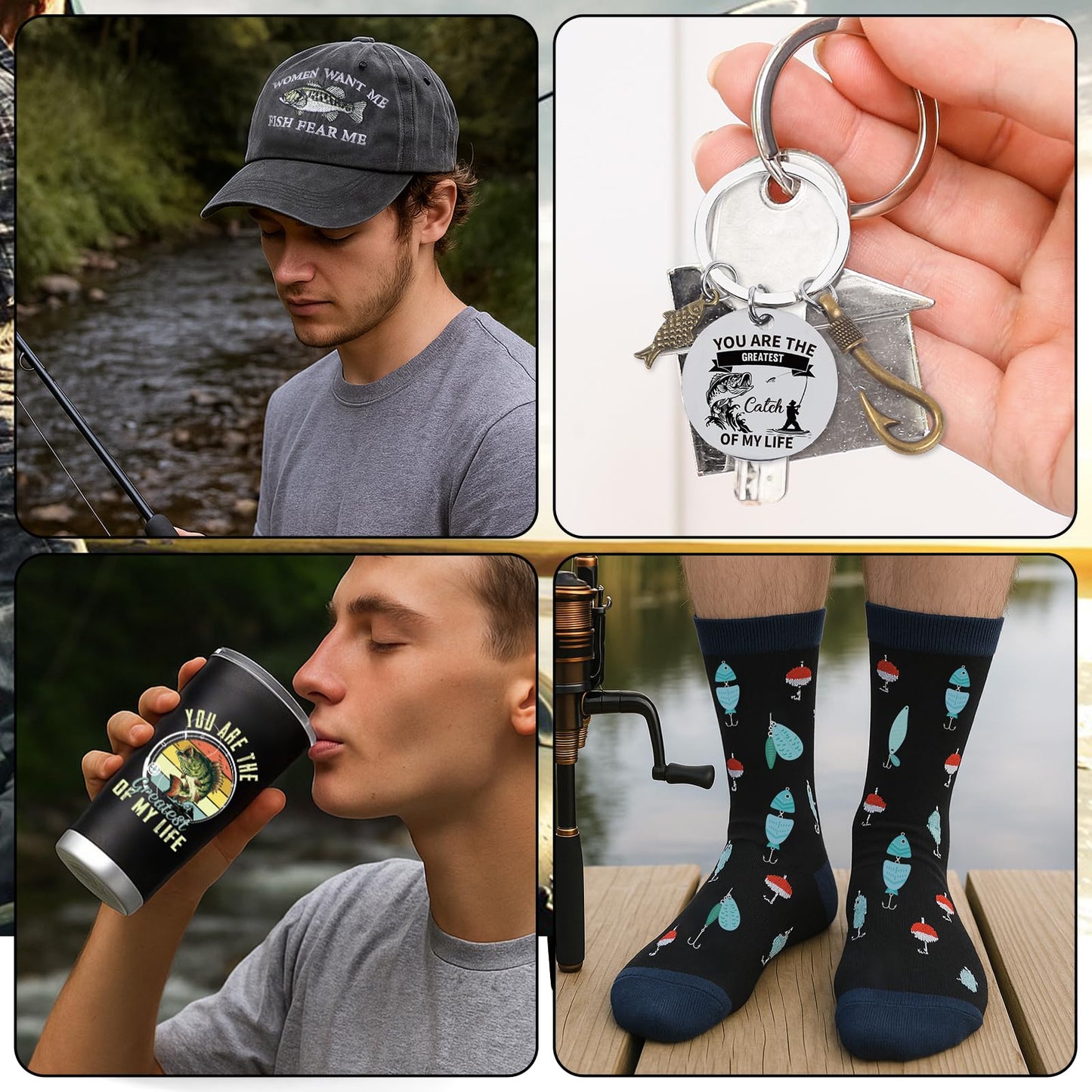 Keluna Fishing Gifts for Men - 4Pcs Fishing Gifts Set, 20oz Fish Tumbler Socks Cap Keychain, Fisherman Father's Day Birthday Christmas Retirement Presents for Dad Grandpa Husband Brother Boyfriend