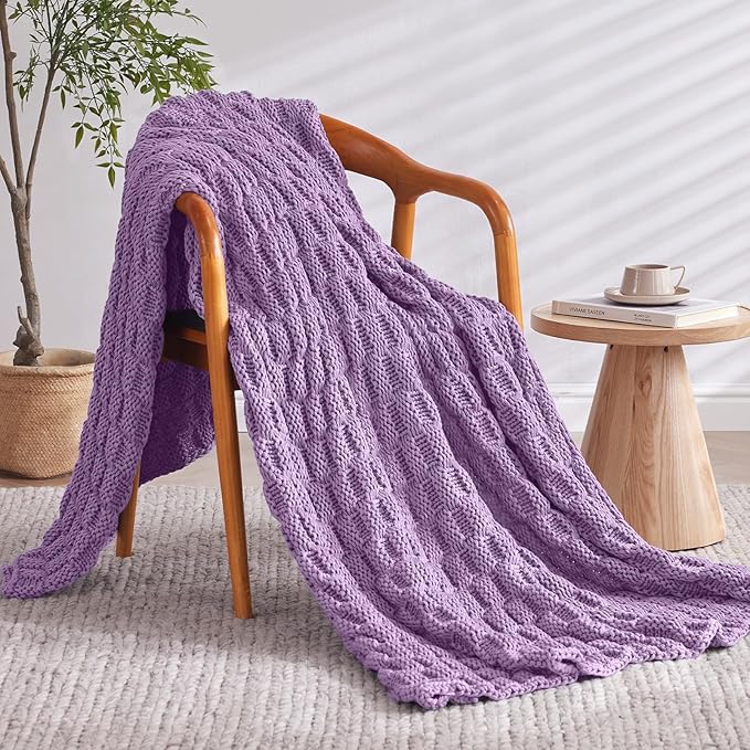 Knitted Weighted Blanket Adult, No Beads Heavy Blanket 70” x 90'' 20lbs, Breathable Chunky Knit Blanket, Cooling Weighted Blanket for Hot Sleepers, Christmas Home Decor (Lilac)