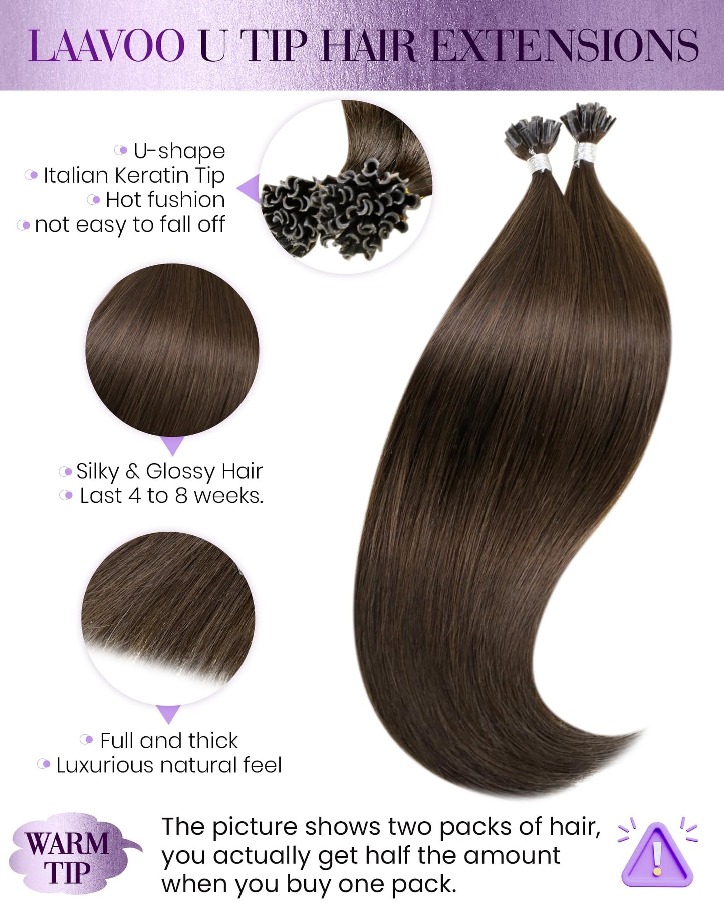 LaaVoo U Tip Hair Extensions Human Hair Brown K Tip Hair Extensions Real Human Hair Medium Brown Ktip Human Hair Extensions 22 I