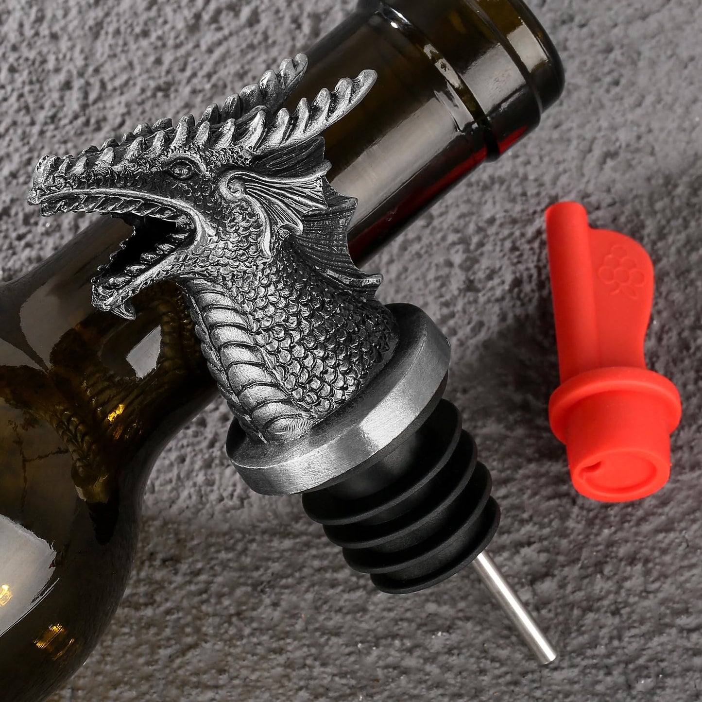 Dragon Head 2-In-1 Wine Bottle Pourer and Stopper, Gifts for Men Women Dragon Fans, Liquor Bottle Pourers Spout for Alcohol Spirits, Wine Accessories, Dark Silver