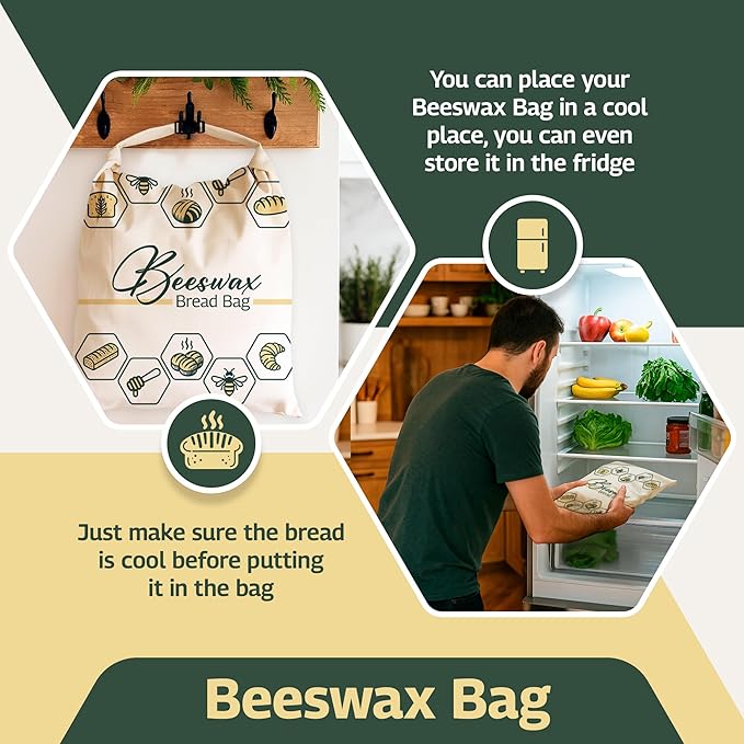 2pack Beeswax Bread Bag for Homemade - Reusable Beeswax Bread Bags for Sourdough Linen Freezer Bags - Storage for Fresh sourdough