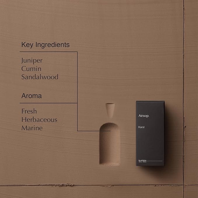 Aesop Karst Eau de Parfum | Juniper, Vetiver, and Sandalwood Scent | Fresh, Herbaceous, and Marine Aroma | Unisex | 1.6 fl oz