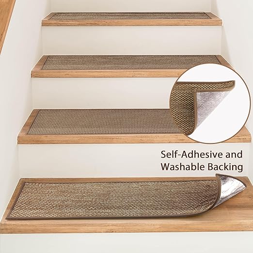 Natural Linen Stair Treads for Wooden Steps, 7 Pcs 8" x 30",Non Slip Stair Runner, Peel and Stick Carpet Indoor for Kids Elders and Pets (7, Brown, 8" x 30")