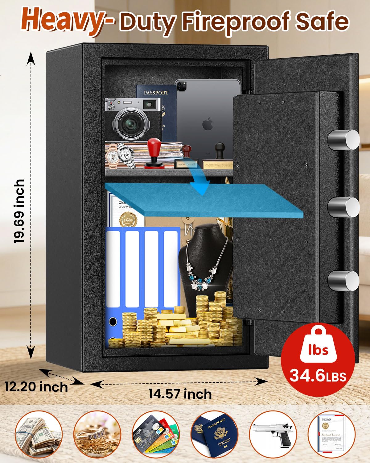 [2026 Upgraded] -35 Min Real Fireproof Safe-3.6 Cu Ft Large Safe for Home Use, Security Safe Box with Smart Alarm System, Wall & Floor Mount Anti-Theft Safe for Money Legal Documents Valuables Jewelry