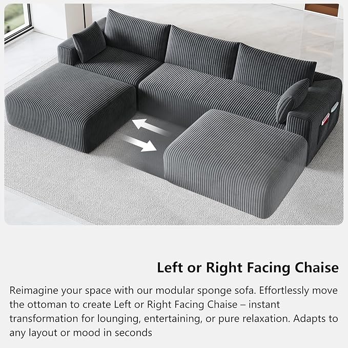 Domiqut 108" Cloud Couch Modular Sectional Sofa for Living Room,L-Shaped Boneless Couch with Deep Seat Chaise,No Assembly Required Foam Sleeper Sofa for Apartments,Plush Corduroy Fabric, Dark Gray