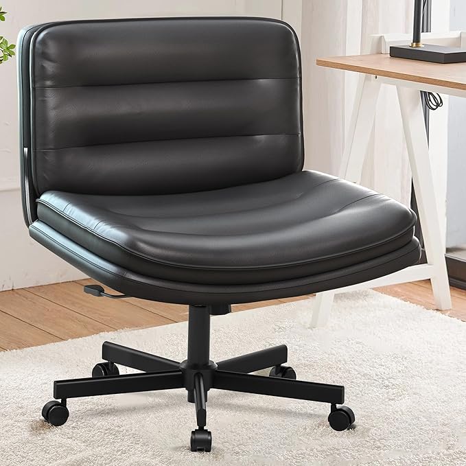 GTRACING Criss Cross Legged Office Chair with Wheels, Extra Wide Armless Comfy Desk Chair for Home Bedroom, 2 Layer Cushion Large Seat & Back Support X-Legged Chair, Black PU Leather Adjustable Height
