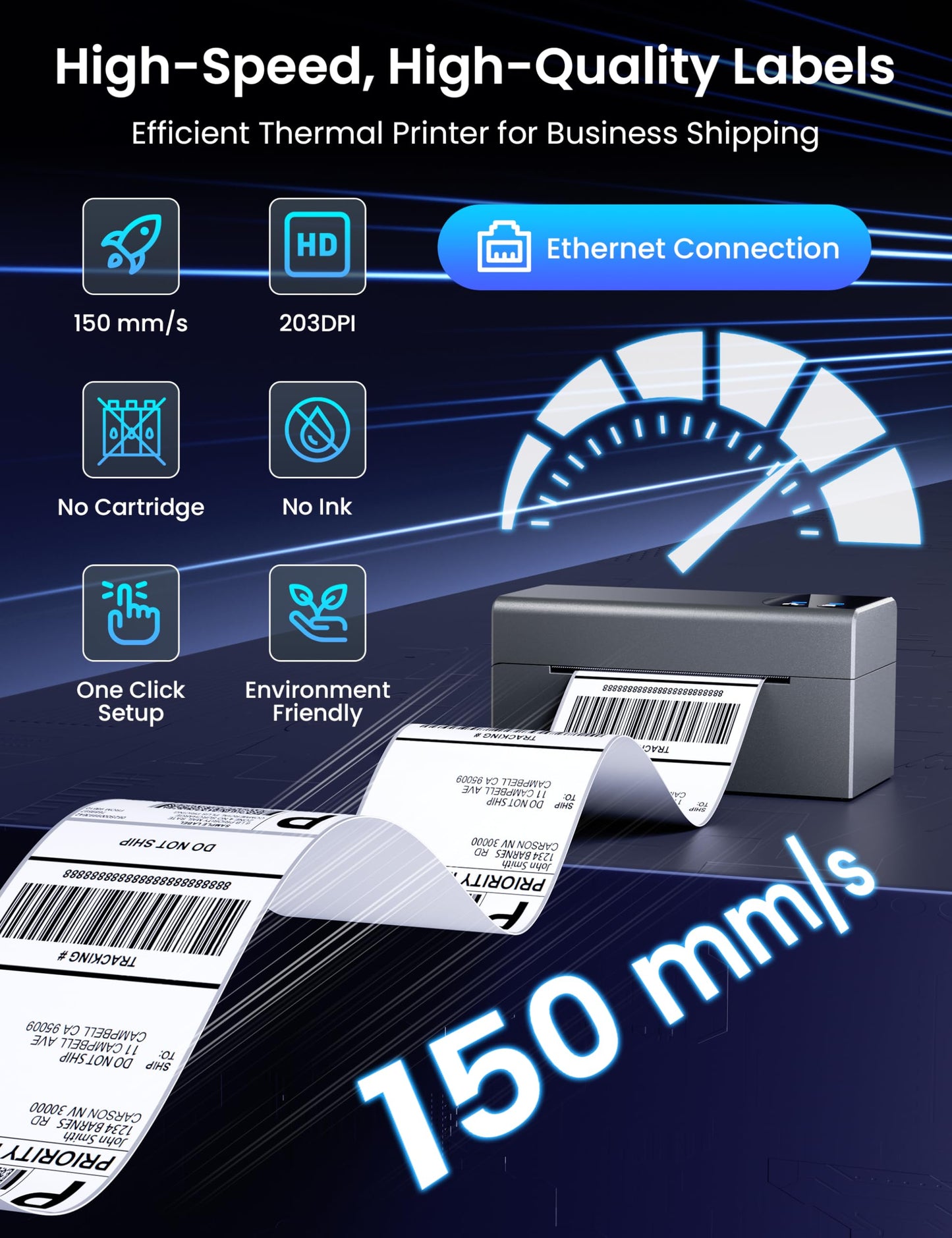 Phomemo Thermal Label Printer with Ethernet & Bluetooth Connectivity, 150mm/s Speed Wiress Thermal Printer, Compatible with USPS/UPS & More, Shipping Label Printer for Home & Small Business