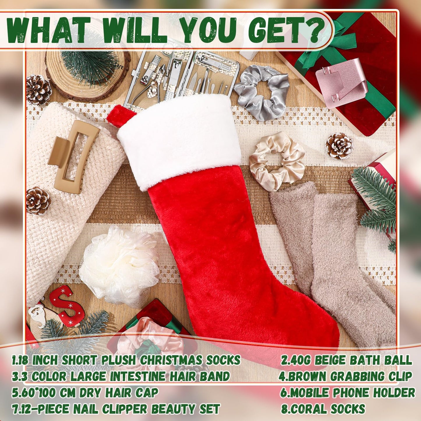 10 Pcs Christmas Stocking Stuffer for Women Include 18 Inch Xmas Stocking Hair Towel Wrap Bath Sponges Nail Clippers Kit Hair Claw Clip Scrunchies Socks Phone Stand for Xmas Gift Ideas