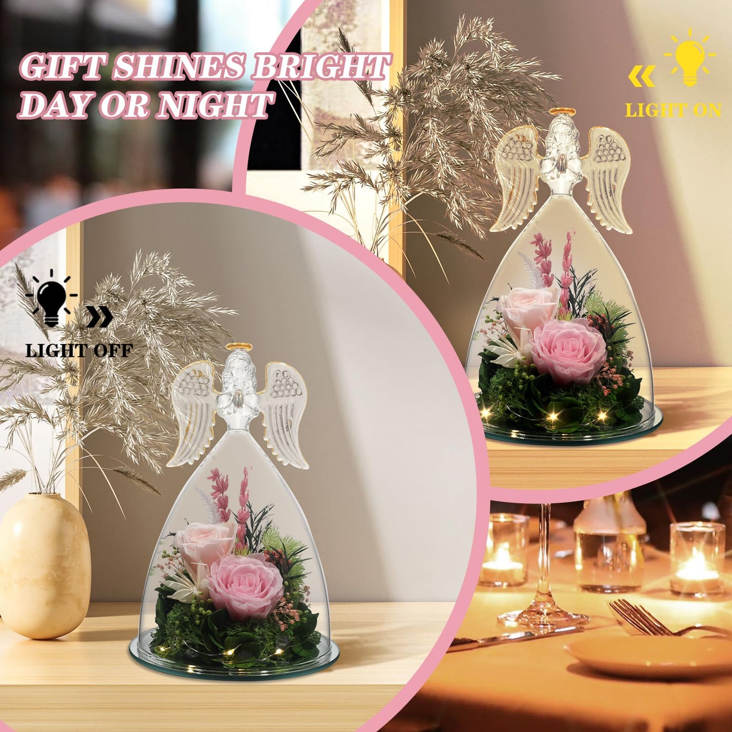 DIYROSEX Angel Roses for Women Preserved Flowers for Delivery Prime Long-Lasting Real Flowers with LED Light as Birthday for Mom Grandma Wife Mother Friend (Light Pink)