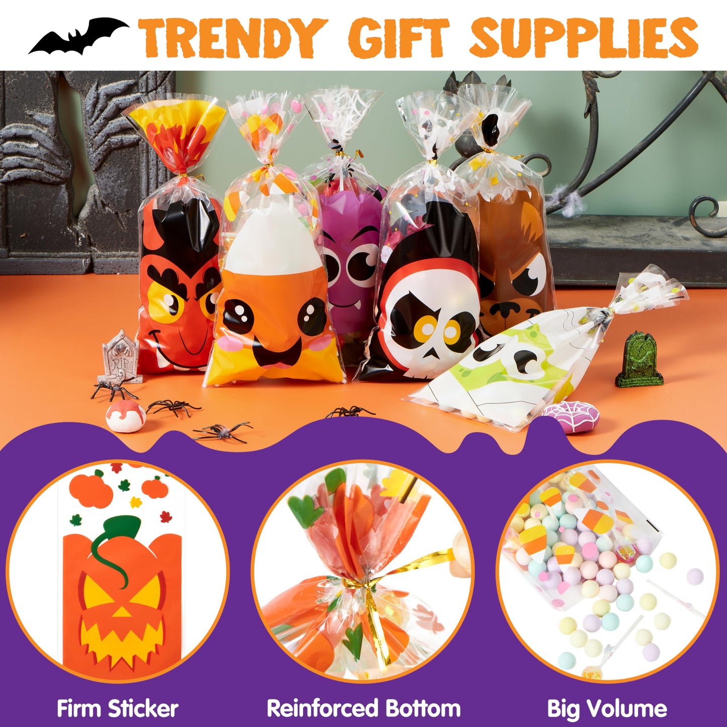 JOYIN 108 Pcs Halloween Cellophane Bags for Sweet Candy Treat, Goodie Gift Bags Bulk with Twist Tie for Kids Trick or Treating, Halloween Day Table Decor and Party Favor Supplies in 12 Designs