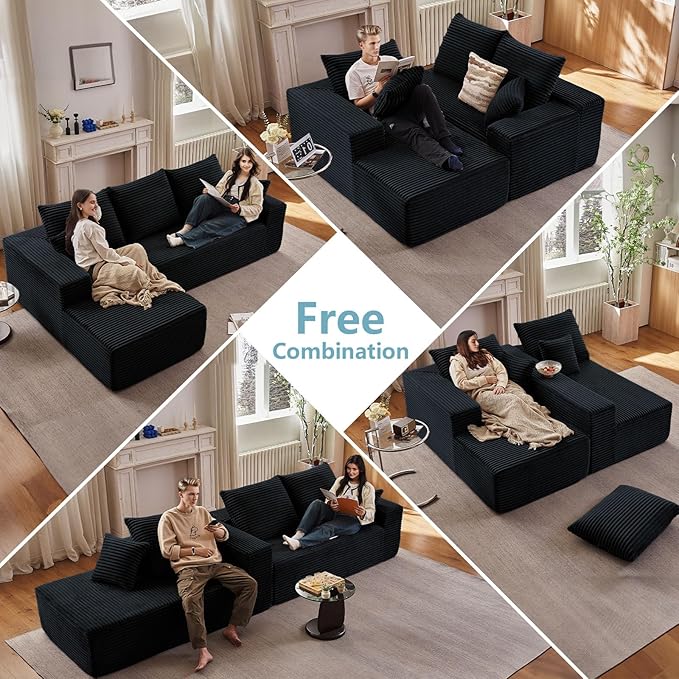 96" Cloud Sectional Couch with L-Shape Chaise, Modern Corduroy Boneless Couch for Living Room,Memory Foam Sofa with Deep Seat,No Assembly Required (Black,Left-Facing Chaise)