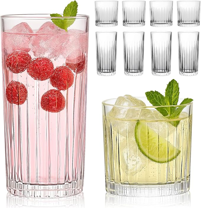 Laerjin Drinking Glasses Set of 8, 12 oz Highball Glasses & 10 oz Cocktail Glasses Set, Ribbed Glass Cups,Thick Glass Cup...
