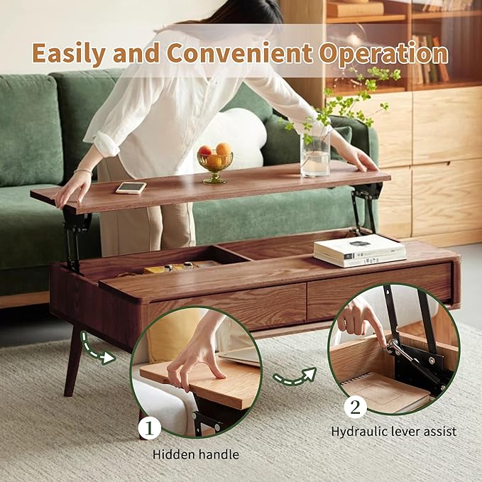 QKFF Wood Lift Top Coffee Table, 100% Solid Oak Wood Small Rising Dining Center Tables with Storage Shelf and Hidden Compartment for Living Room 48D x 26W x 26H