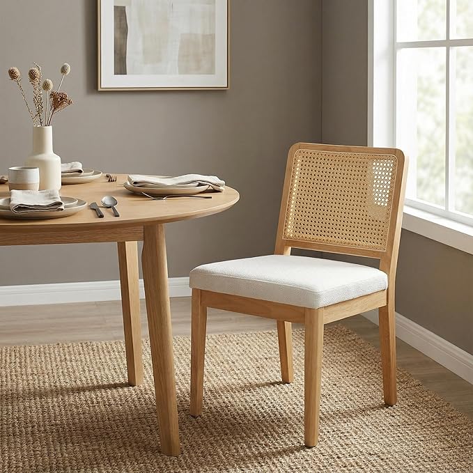 LukeAlon Set of 2 Mid Century Dining Chairs - Farmhouse Kitchen Chairs with Woven Rattan Back, Plush Chenille Upholstered Seats, Solid Wood Legs for Dining Room & Breakfast Nook, White