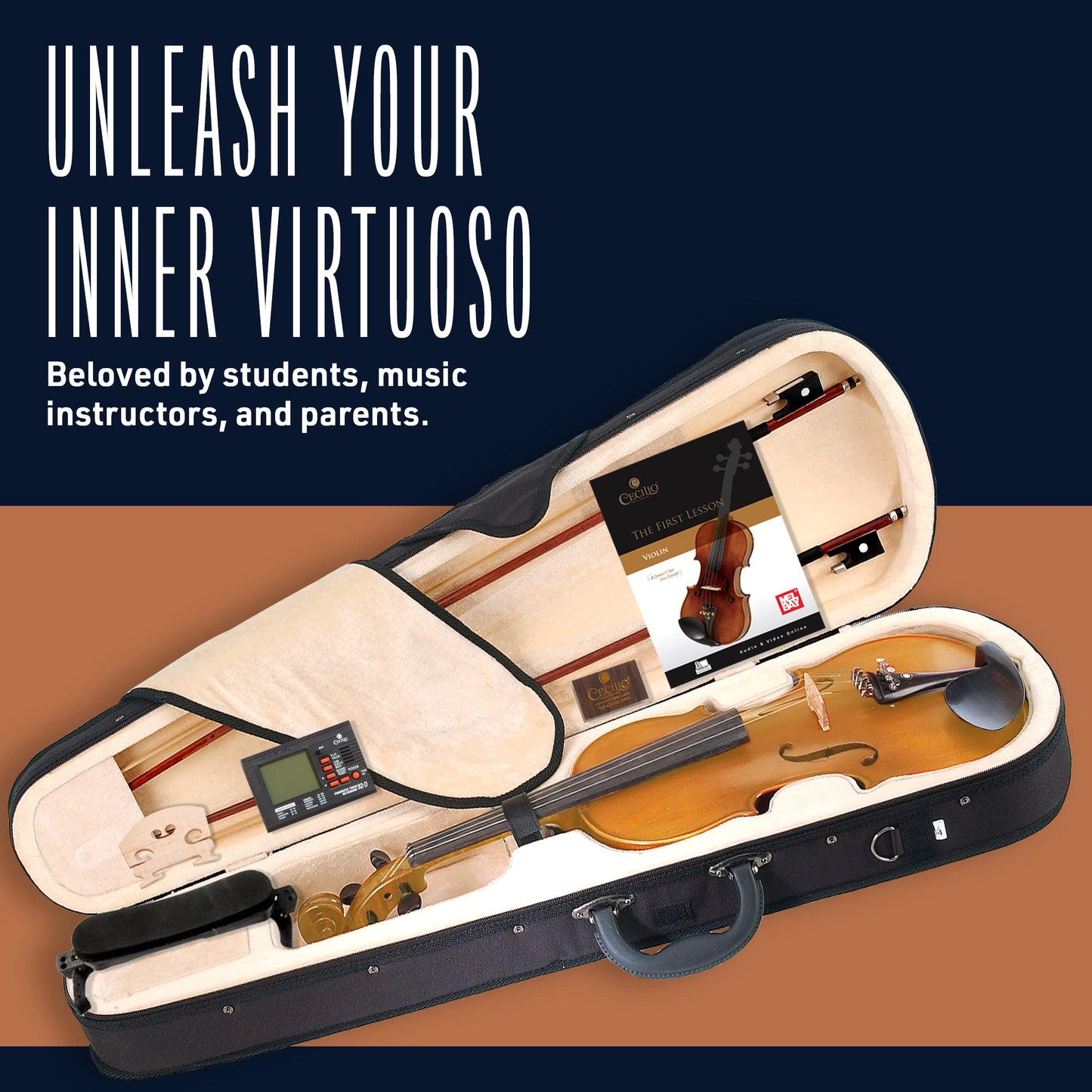 Cecilio Full Size 4/4 Violin With Hard Case & Shoulder Rest - Solidwood Ebony Fitted Violin With Daddario Strings, Ideal For Be