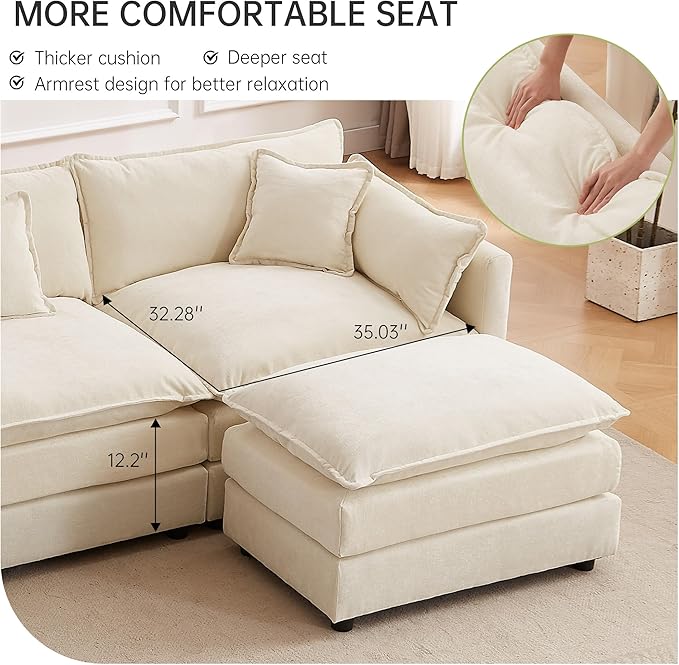 saows Modular Sectional Sofa, 112.2 Inch Rectangle Shaped Couch Set with Armrests, 3-Seater Comfy Cloud Couches for Living Room Apartment, Beige