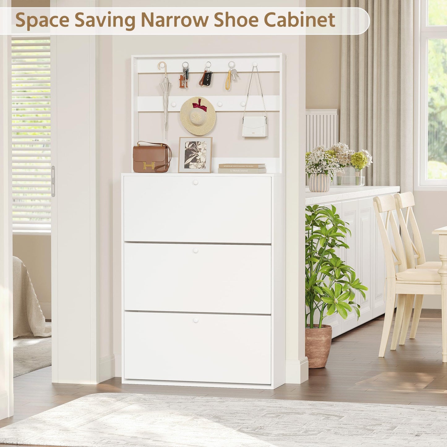 YMBSBUY Shoe Cabinet with 3 Flip Drawers, Narrow Shoe Cabinet with 9 Hooks Coat Rack, Freestanding Shoes Storage Cabinets with Adjustable Shelves for Entryway, Hallway, Living Room, White