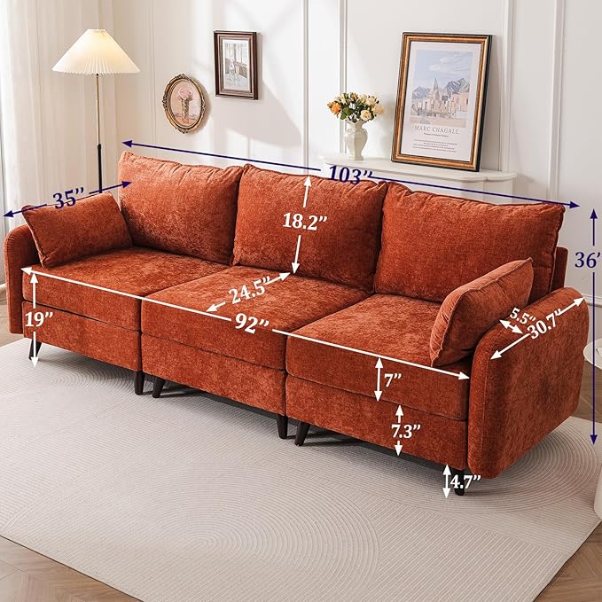 Rexulqo 104'' Modular Sectional Sofa with All Seats Storage,Oversized 3-Seater Comfy Cloud Couches with Deep Seat,Big Couch for Living Room,Bedroom,Velet,Orange