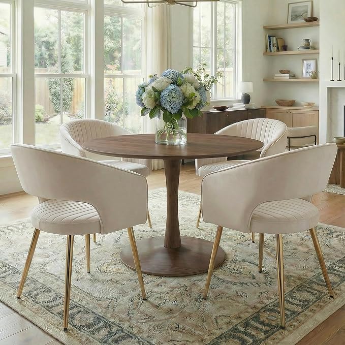 COMULER Faux Leather Dining Chairs Gold Legs, Modern Cream PU Leather Dining Room Chairs with Arms Set of 4 Upholstered Accent Chair Armchair with Barrel Back for Kitchen Living Room