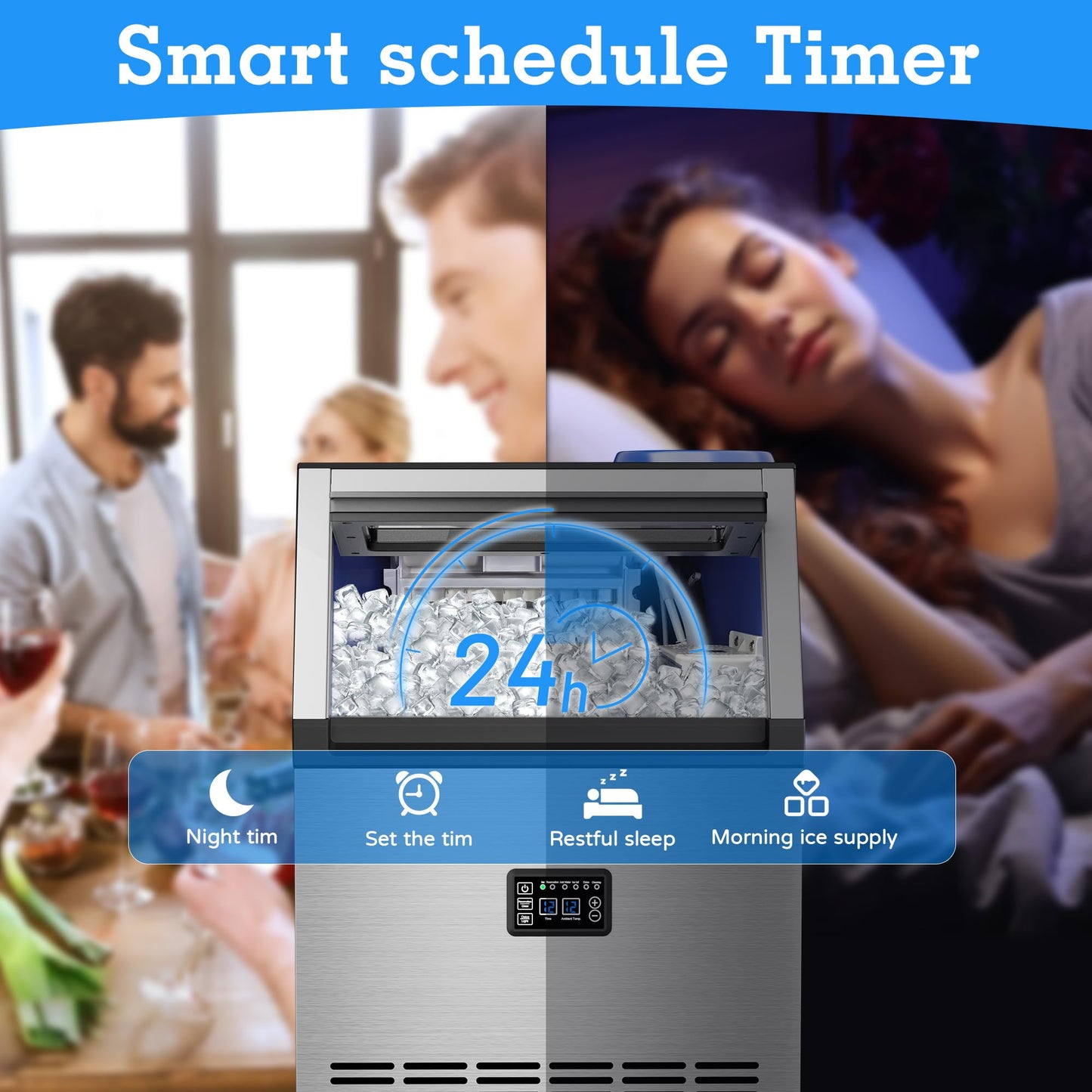 Ice Maker Commercial Ice Maker Machine 200lbs/24H with 34Lbs Storage, Stainless Steel Undercounter/Freestanding Ice Machine 2 Water Inlet Modes 55Ice/Cycle, Self-Cleaning for Homes Restaurants Bars