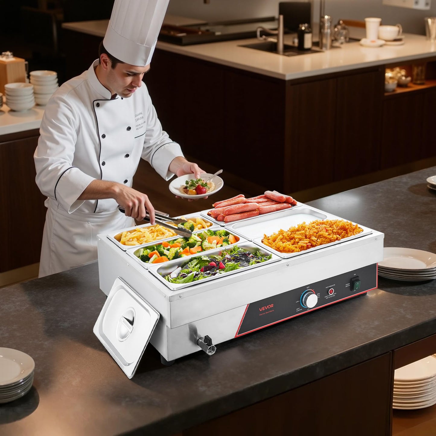 VEVOR Commercial Food Warmer, 1500W Electric Stainless Steel Steam Food Warming with Lid, 6-Pan Fast Heating Countertop Buffet Bain Marie with Power Cord, for Catering, Restaurant, Party & Buffets