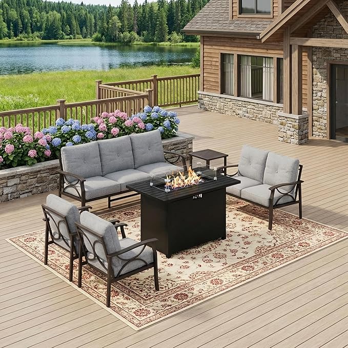 FansaFurn 6-Pieces Outdoor Patio Furniture Set with 43" Fire Pit Table, Outdoor Metal Sectional Sofa with Cushions, Outdoor Conversation Set for Garden, Balcony, Deck, Backyard, Grey