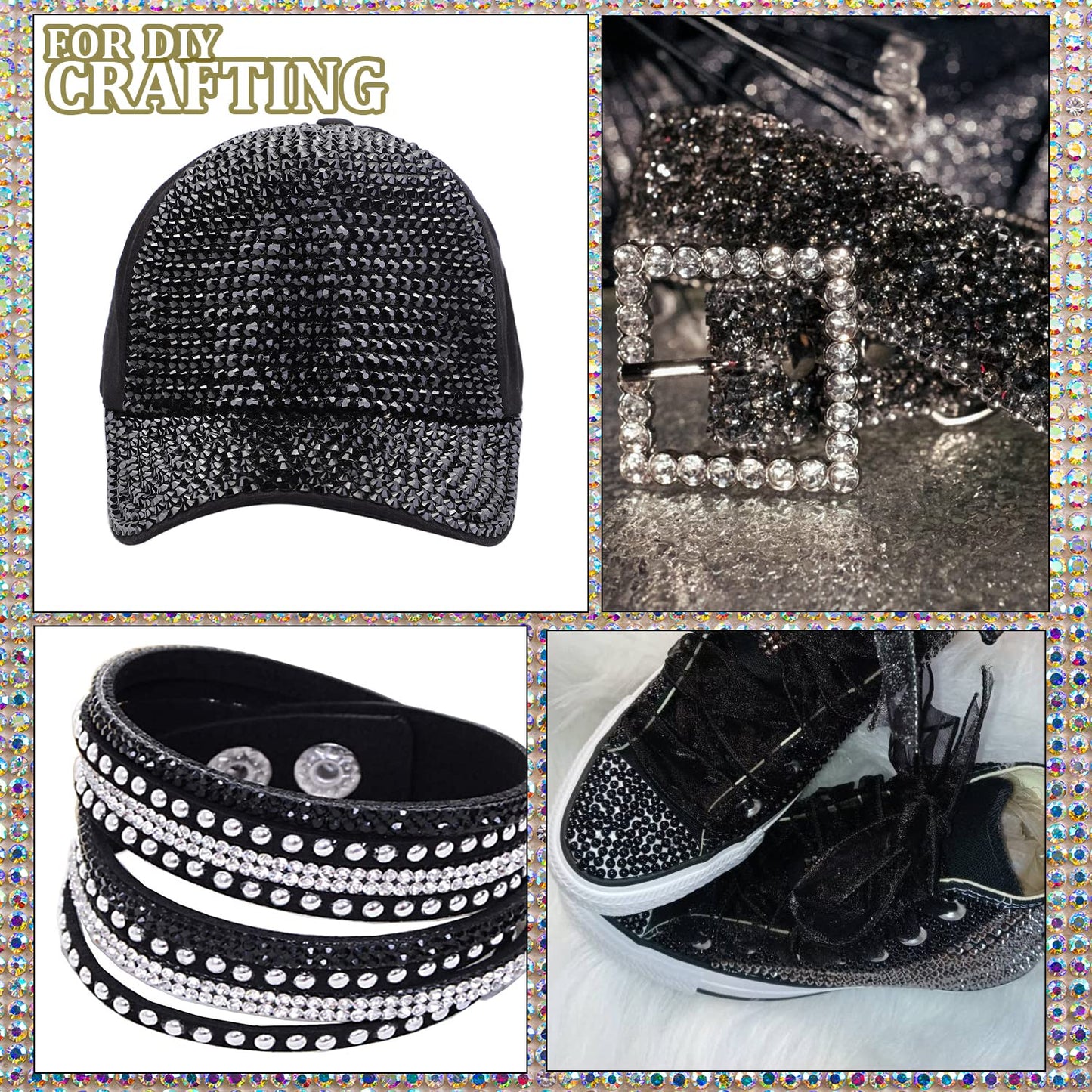 One Pack 2000 Pcs of Flatback Round Black Rhinestones 6 Sizes (1.5-6 mm) with Nail Art Rhinestone Picker Pencil and Tweezers for