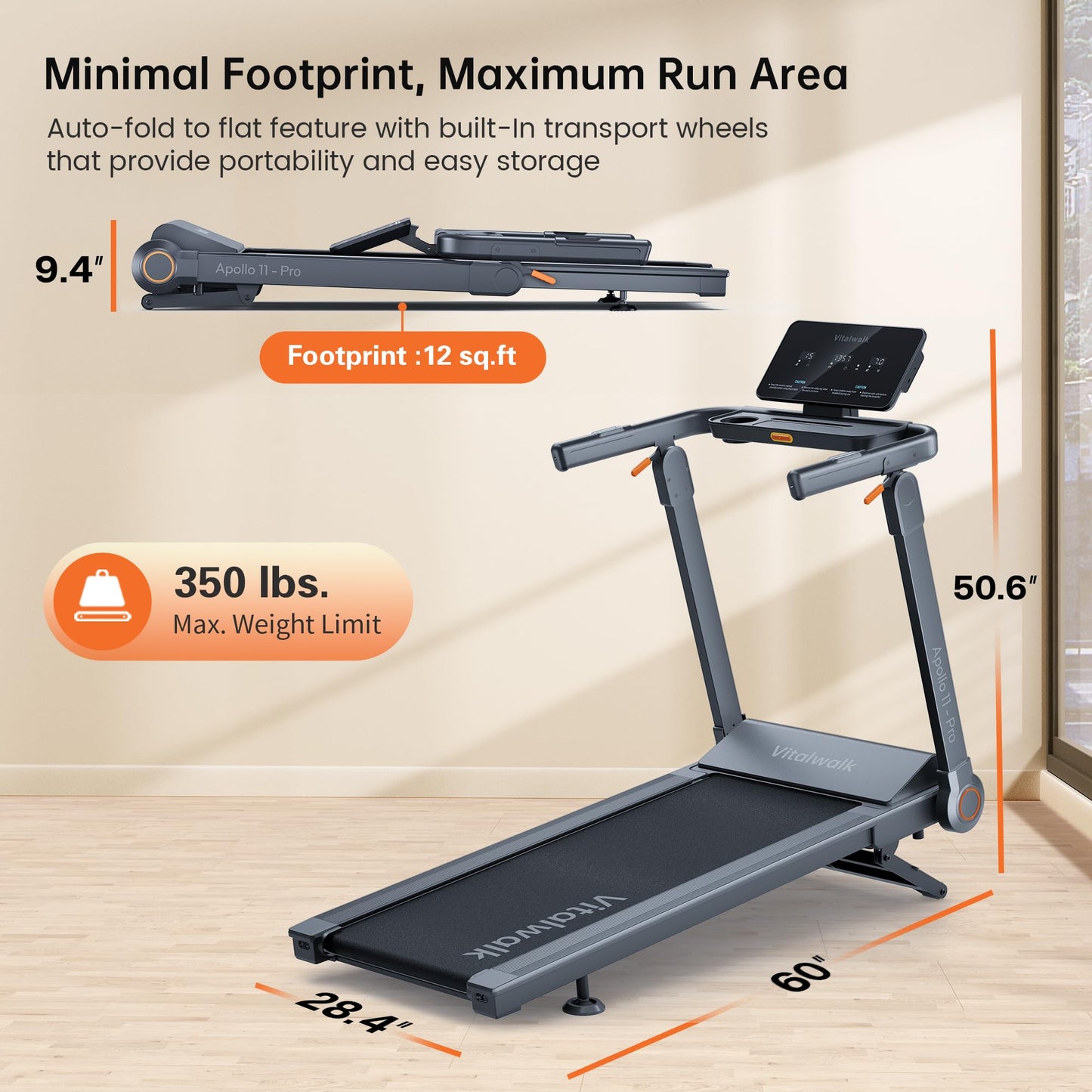 Vitalwalk Foldable Treadmill with Auto Incline, 48"x18" Wide Running Belt, 10MPH, 3.5HP Brushless, Walking Pad Treadmill for Home, Auto Folding, No Installation, 350LBS Capacity, APP, 20% Auto Incline