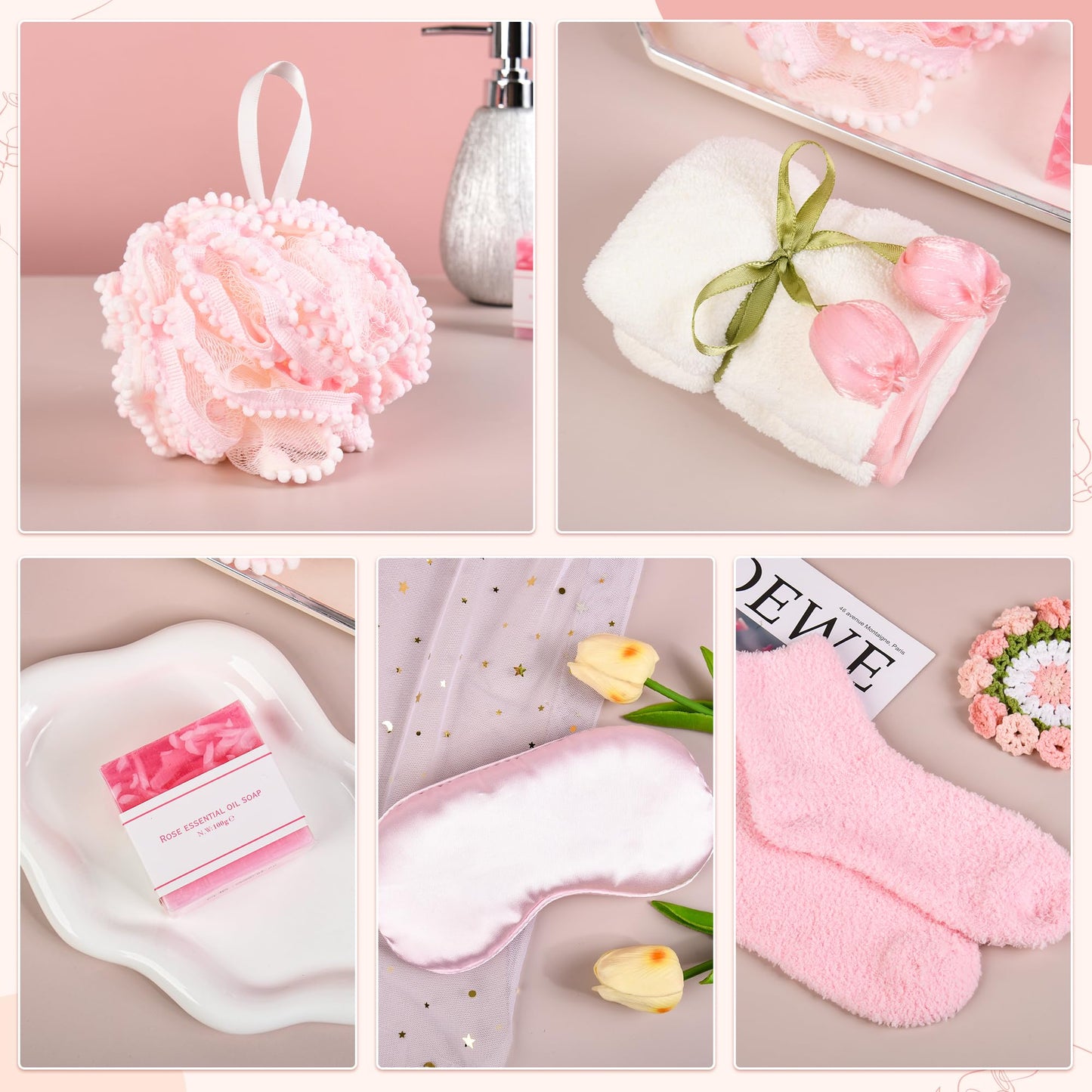 Birthday Gifts for Women, Knitted Tassel Throw Blanket Pink Gift Basket with Handmade Crocheted Potted Plants and Flower Coasters, Inspirational for Mom Her Wife Friend Grandma