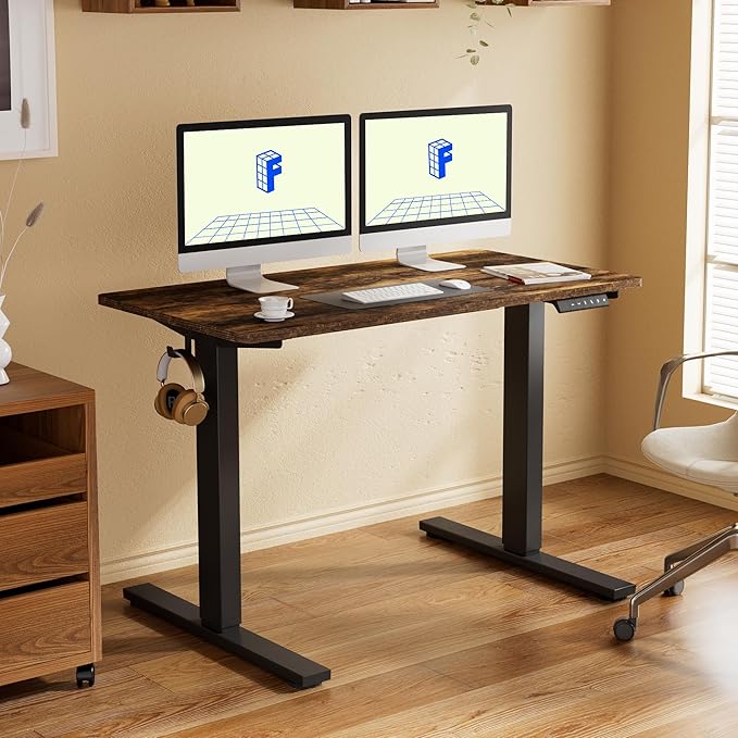 FLEXISPOT EN1 One-Piece 55 x 28 Inches Electric Stand Up Desk Workstation, Home Office Computer Height Adjustable Desk (Black Frame + Rustic Top 2 Packages)