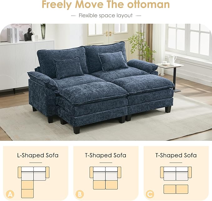 URRED Cloud Couch Modular Sectional Sofa, 87" Modern Loveseat Sofa with 2 Ottomans & Pillows, Ultra Comfy Chenille Couches for Living Room, Bedroom or Apartment, Blue