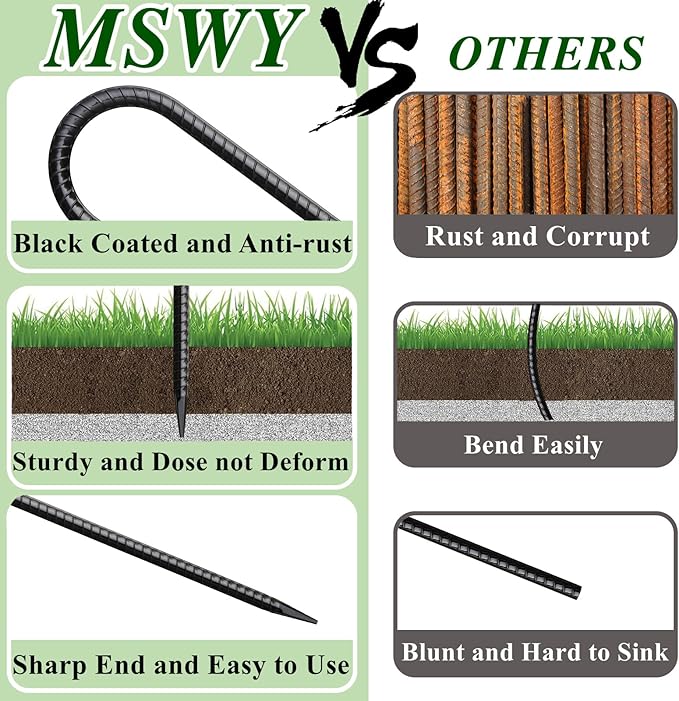 MSWY Rebar Stakes 12 Inch J Hook Ground Stakes Heavy Duty 30 Pack Chain Link Fence Stakes Galvanized Anchors Metal Tent Stakes for Wire Fencing Concrete Forming Trampolines Camping Canopies Shed Swing