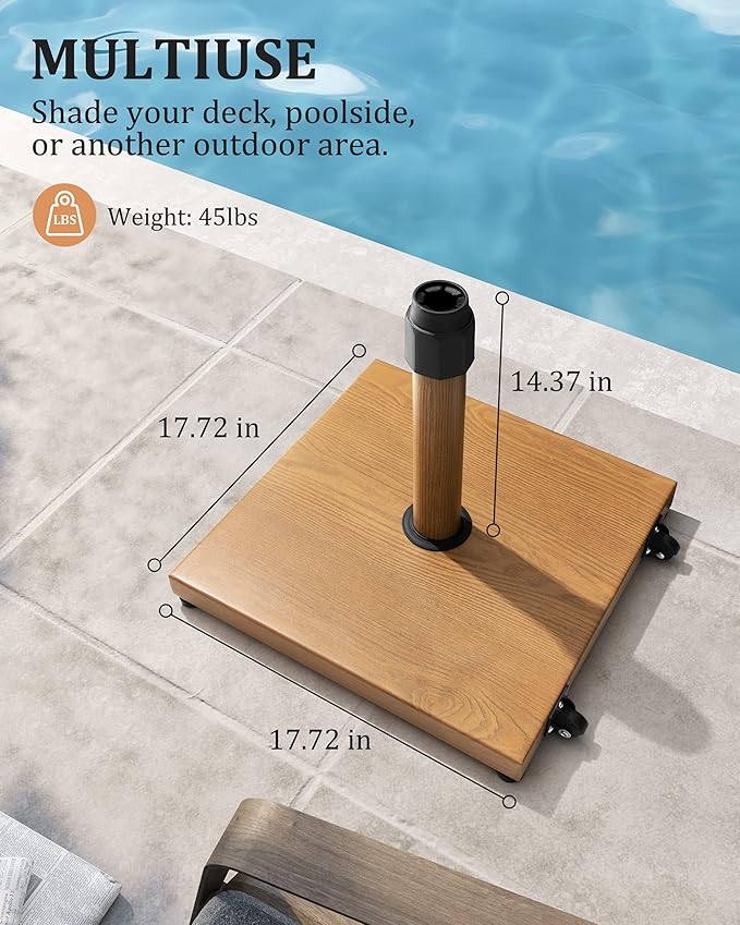 JOINHOM 42lbs Patio Umbrella Base with Wheels - Heavy Duty Outdoor Patio Market Umbrella Stand for Deck, Poolside, Balcony, Wind-Resistant Design, Decorative Wood Pattern