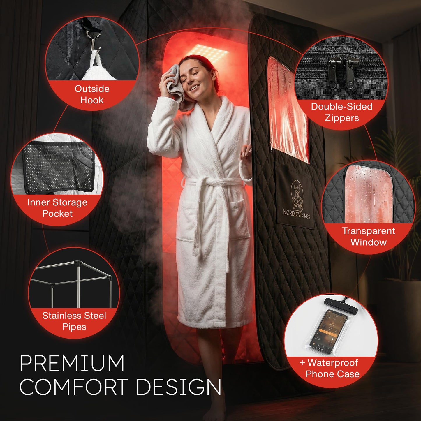 Nordic Vikings Portable Steam Sauna Pod for Home, Large Sit-in Design, Fast Heat-Up, 3L Steamer with Remote, 660 nm Red-Light Panel, Foldable Indoor Spa Tent for Relaxation & Recovery