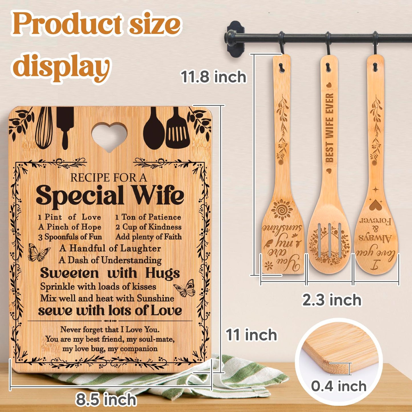 Gifts for Wife - "Recipe for a Special Wife" Birthday Gifts for Wife Cutting Board Set, Bamboo-Made Engraved Utensil Set Wife Gifts for Birthday/Christmas Gifts for Wife