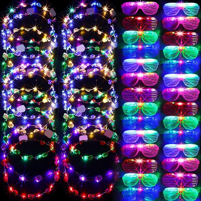 Honoson 48 Pack Glow in The Dark Party Supplies LED Glasses Light up Glasses LED Flower Crown Headband Multicolor Flower W...
