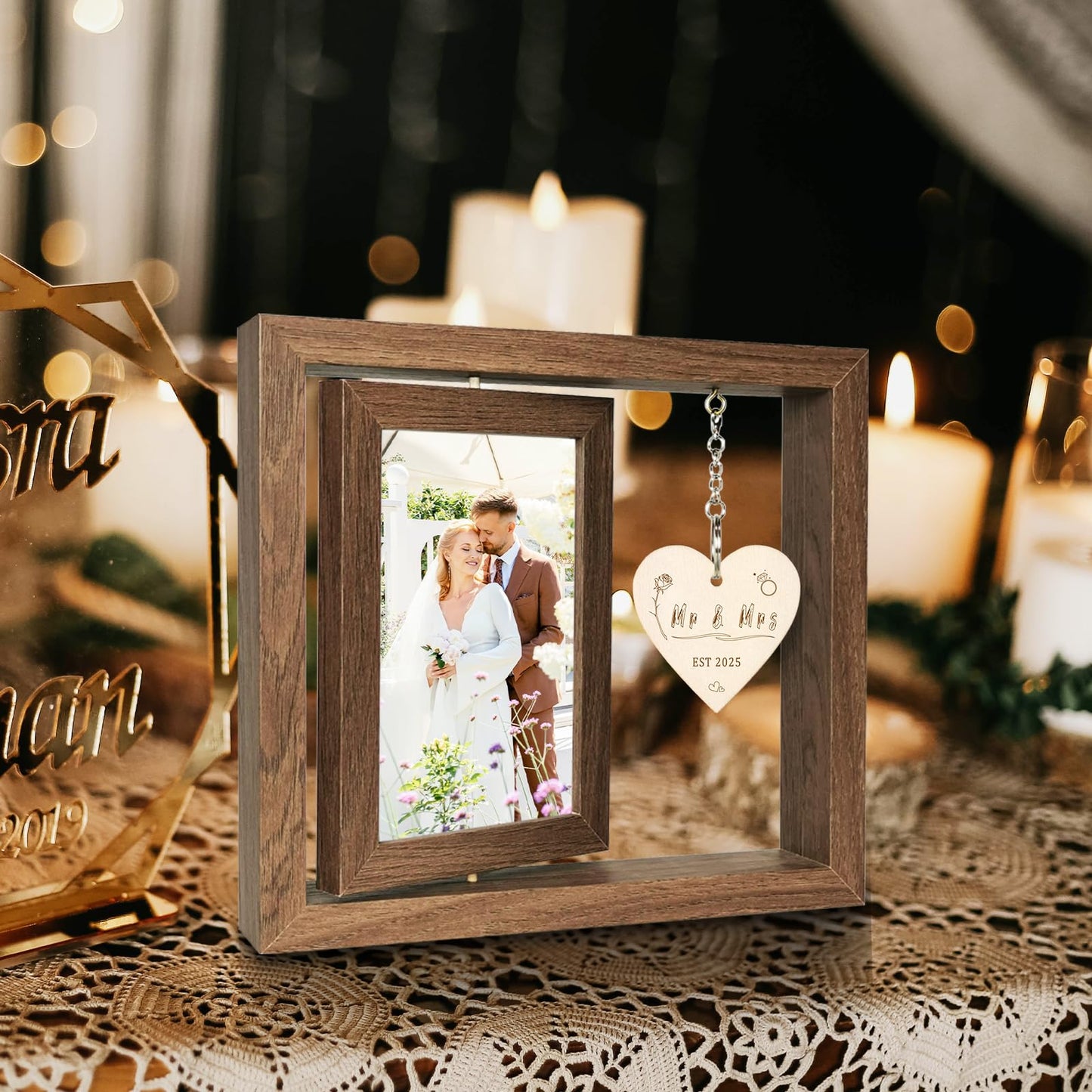 EYITUPC Rotating Floating Mr & Mrs EST 2025 - Let the Adventure Begin Picture Frame, Wedding Bridal Shower Gifts for Bride Newlywed Couples, Display Two 4x6