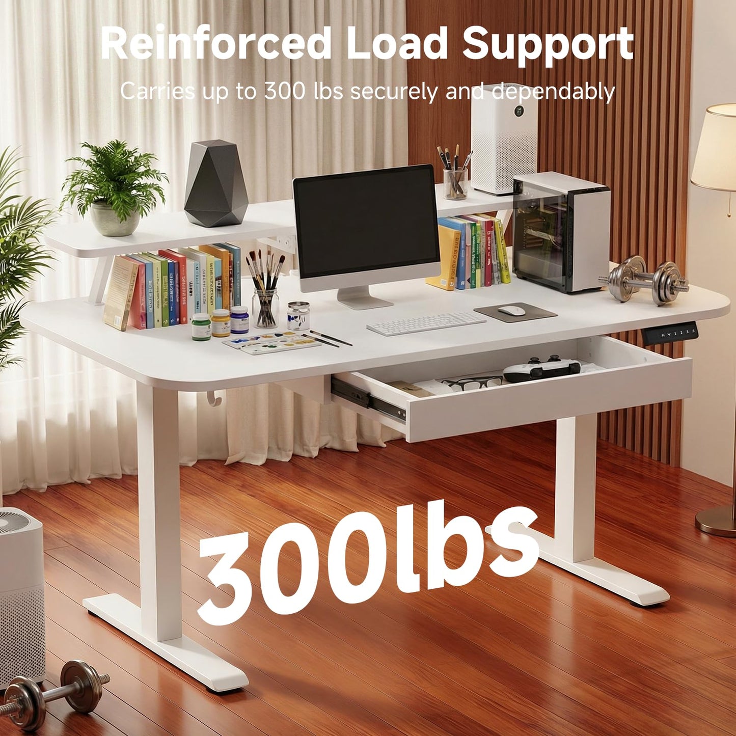 GTPLAYER Electric Standing Desk with Drawers, 55 x 24 Inches Height Adjustable Computer Desk with Monitor Stand, Laptop Stand, Home Office Sit Stand Up Desk with Memory Preset, White