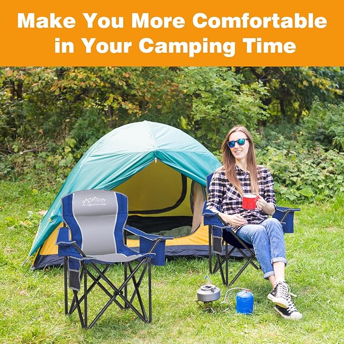 SAILARY Folding Camping Chair Portable Outdoor Heavy Duty Padded Chairs Lawn Chair with Cup Holder, Storage Pocket and Cooler Bag, Supports 450LBS Blue