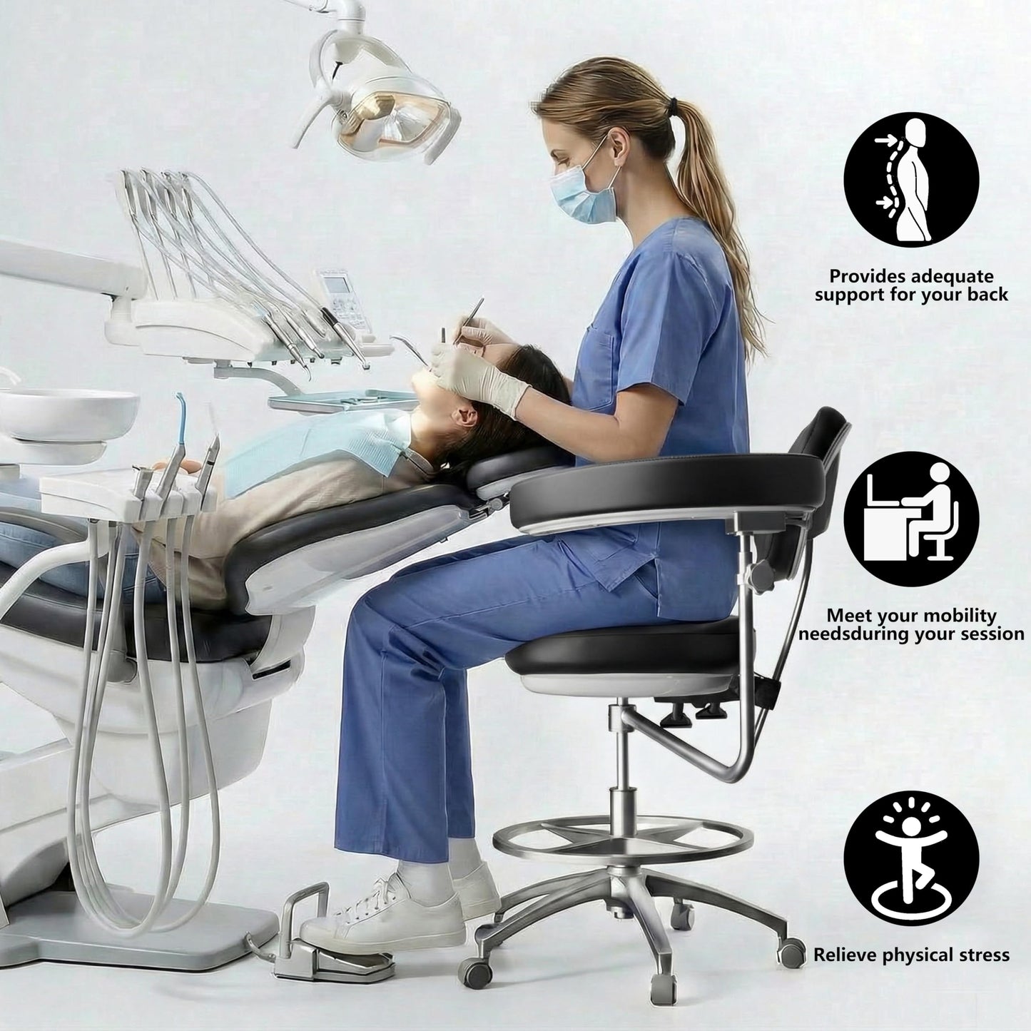 Dental Assistant Chair Ergonomic Medical Adjustable Rolling Stool with Back Support Rotatable Armrest for Clinics Dentist Tattoo Office,Salon,Laboratory - Black