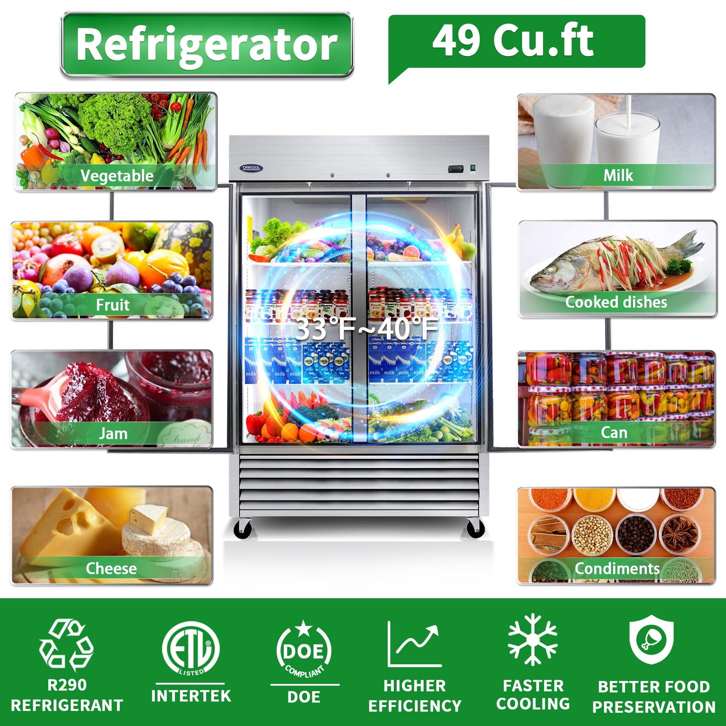 ORIKOOL 54" W Commercial Reach-In Upright Refrigerator - Double Doors Stainless Steel Fridge, 49 Cu.ft Capacity, 6 Adjustable Shelves, Auto Defrost, Digital thermostat control, LED Lighting