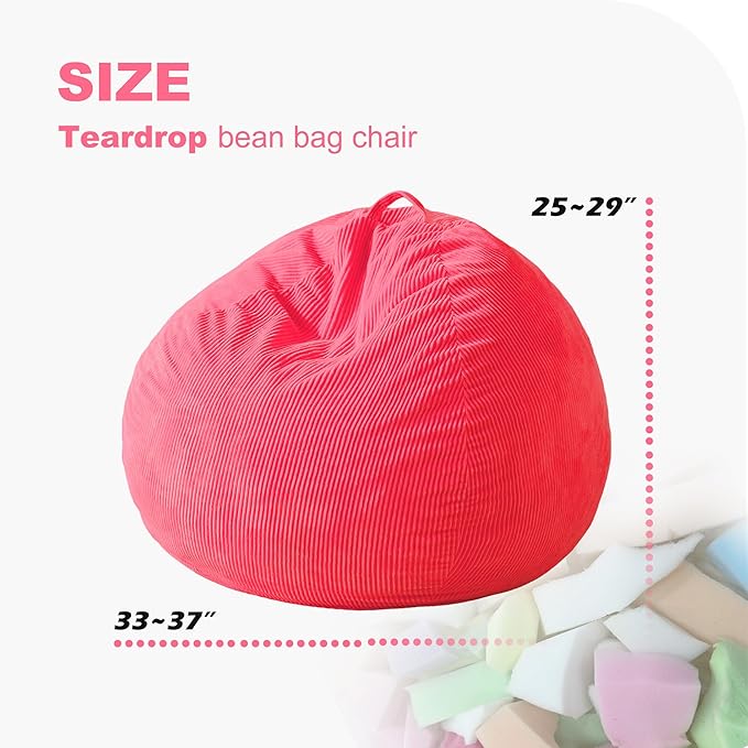 Homguava 3.5FT Bean Bag Chair: Teardrop Bean Bags with Memory Foam Filled, Compact Beanbag Chairs Soft Sofa with Corduroy Cover (Pink)