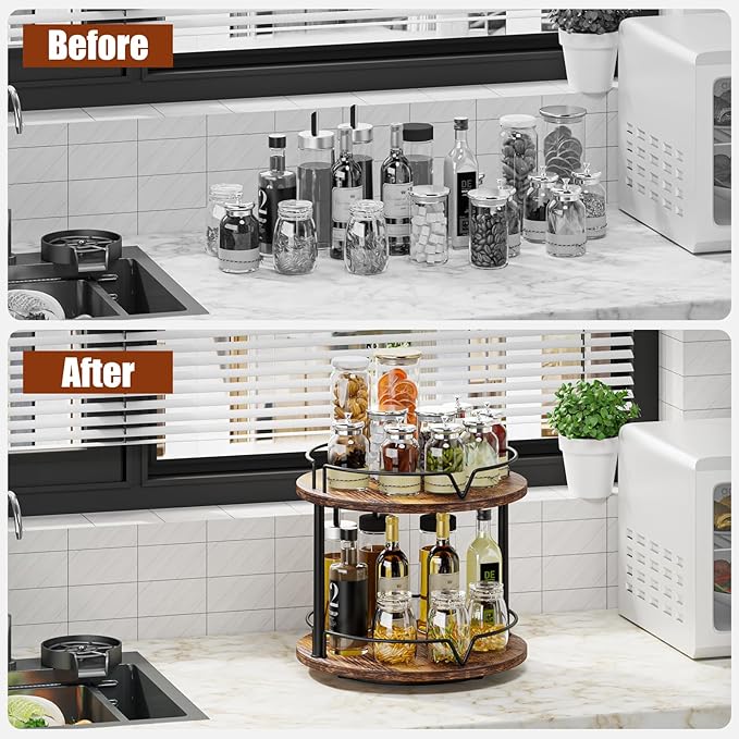 KLM 12" Wood Lazy Susan, Rotating Spice Rack, 2 Tier Spice Turntable Organizer, Industrial Turntable Spice Holder, for Kitchen Countertop and Cabinet, Compact and Versatile, Rustic Brown