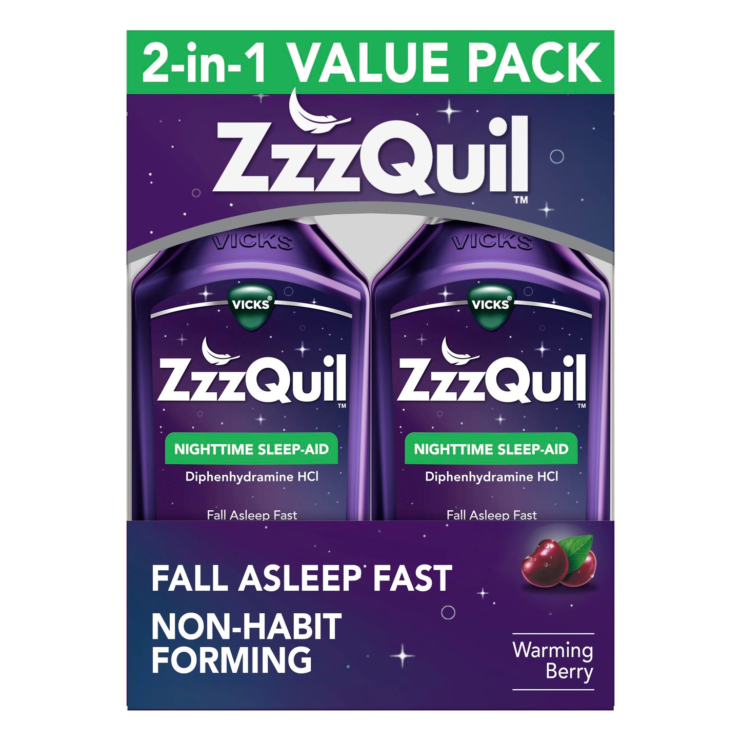 ZzzQuil, Sleep Aid, Nighttime Sleep Aid Liquid, 50 mg Diphenhydramine HCl, Fall Asleep Fast, Non-Habit Forming, Warming Berry Flavor, 12 FL OZ (Pack of 2)